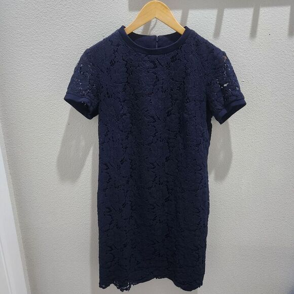 Lauren Ralph‎ Lauren Mini Pencil Dress Navy Lace Short Sleeve Lined Crew Neck 8 - Picture 2 of 10